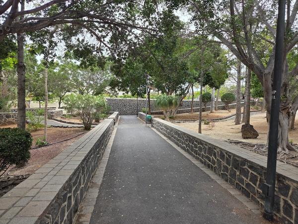 Plaza Pedro Zerolo with round flower beds and pedestrian walkway.